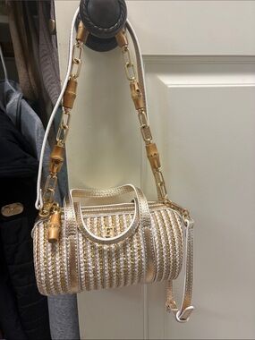 Eric Javits Gold Metallic Woven Mini Barrel Bag with Bamboo-Accent Chain